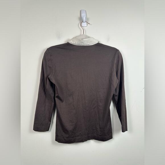 AKRIS PUNTO Contrast Collar Blouse Knit Top Brown Cream Size XS Rugby Cotton - Picture 2 of 7